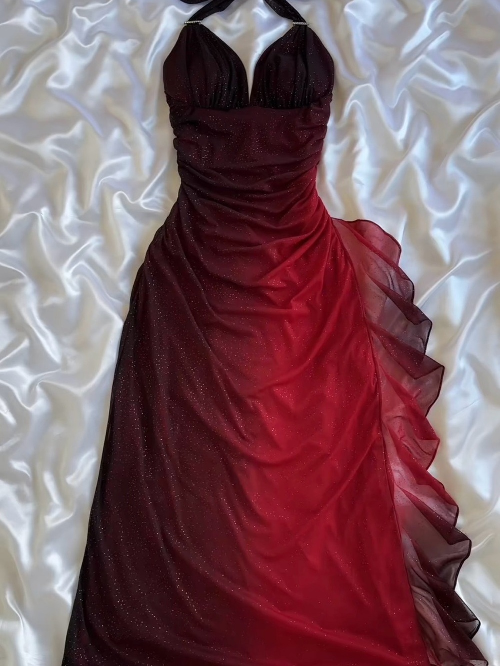 Betsy & Adam Burgundy to Red Ombre Halter Gown